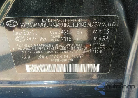 2013 Hyundai Sonata Se из США, поврежденный, VIN 5NPEC4AC4DH771552